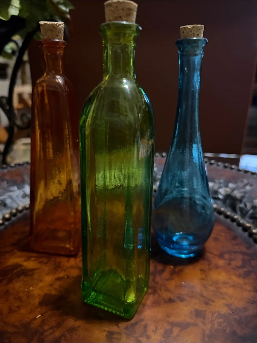 Pier 1 Blue, Amber & Green Glass Bottle Trio with Corks - Each 6 in tall
